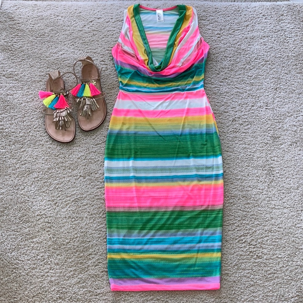 Striped, Draped Neck Fitted Dress - Picture 11 of 16